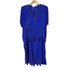 Laurence Kazar Vintage 2 Piece Skirt Set Beaded Sequined Blue Size Large 80’s